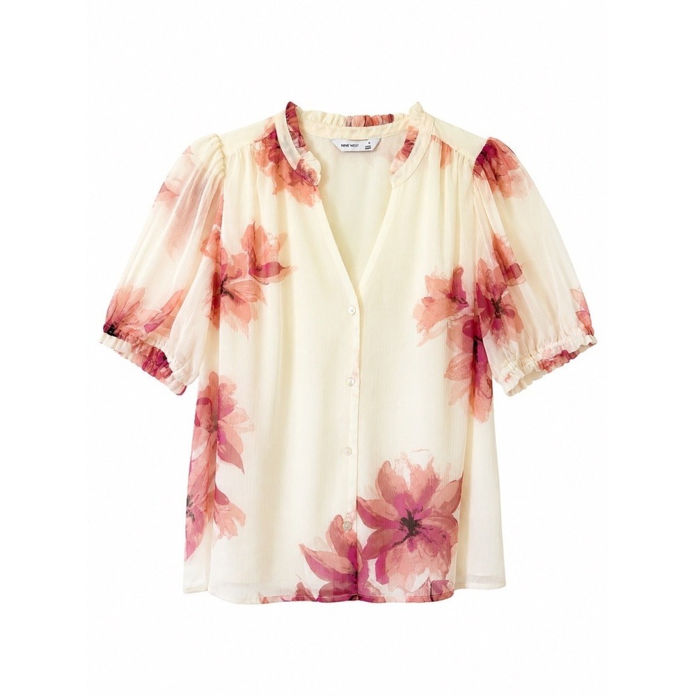 Nine West Womens Blouse Top Ivory Floral Puff Sleeve‎ Button Front Sheer M